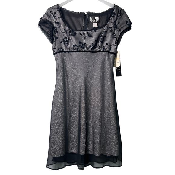 Vintage Dresses & Skirts - Vintage 90s Y2K De Laru Black Shimmer Cocktail Dress Size 12 Sheer Overlay Lace